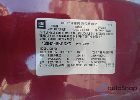 2008 Chevrolet Tahoe Ltz z USA, uszkodzony, nr VIN 1GNFK13098J103372